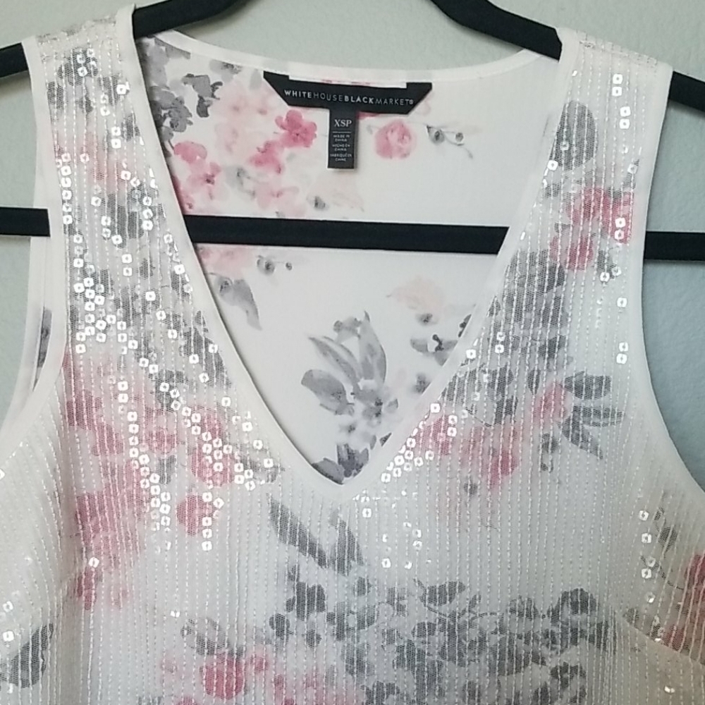 WHBM Women's Workplace Siren Girly White Sequin Overlay Floral Tank PXS - Picture 7 of 9
